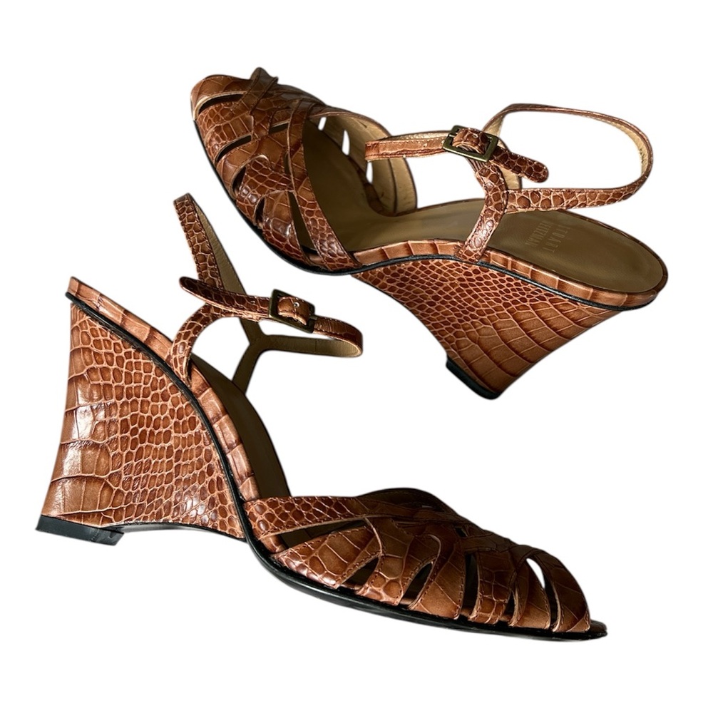Stuart Weitzman Tan Croc-Pattern Wedges